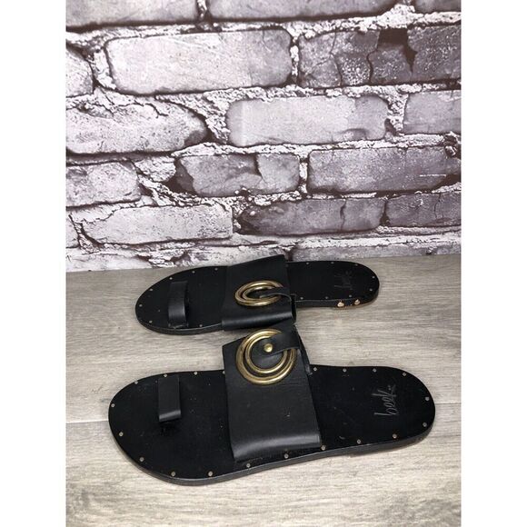 Beek Black Leather Handmade Gold Toe Ring Flats Sandals Women Sz 7M US/38EU - Picture 1 of 16